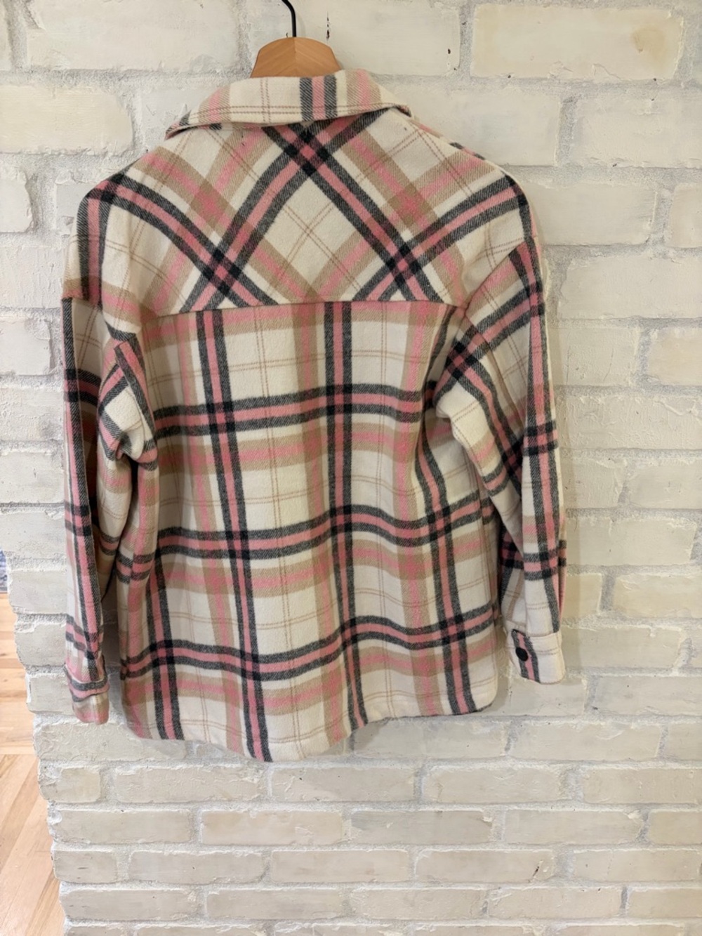 Black Tape Plaid Button-Front Oversized Shacket in Cream and Pink - Picture 2 of 4